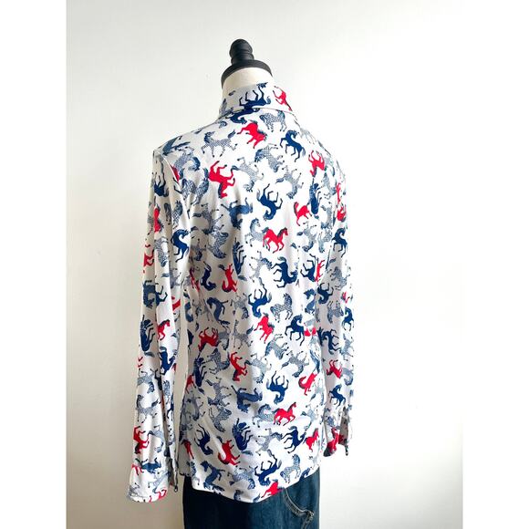 Vintage 70s Horse Print Shirt | 1970s Red White Blue Size S/M - Picture 3 of 5
